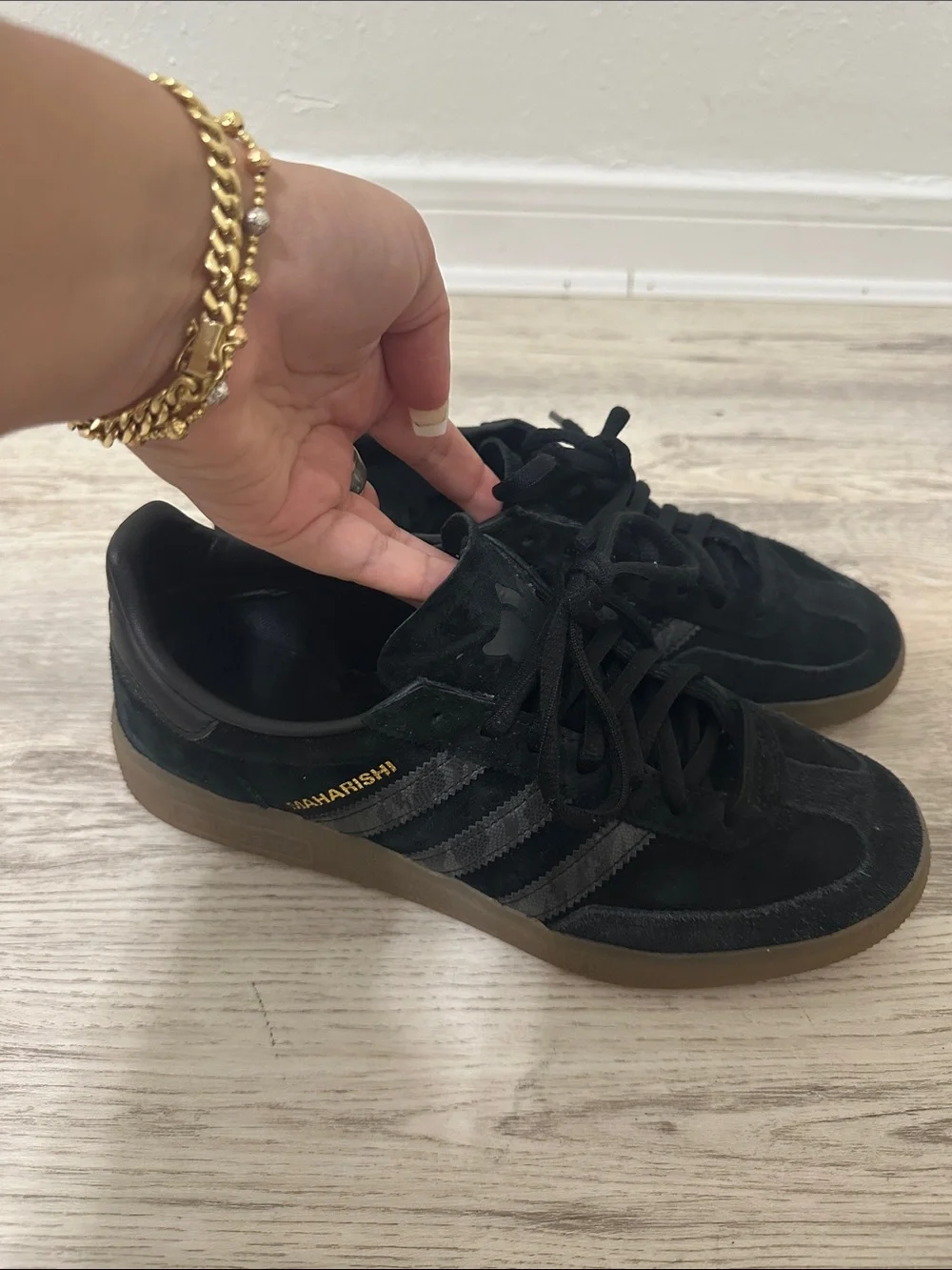 adidas Maharishi black suede sneakers with gum sole
